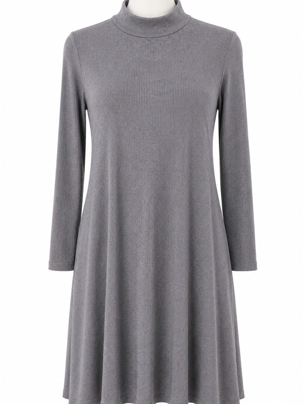 Women’s Grey Ribbed Mock-Neck Midi Dress